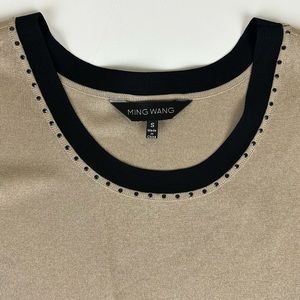 NWT Ming Wang Rhinestone Tank Top Small Beige Tan Black Sleeveless Shell Top